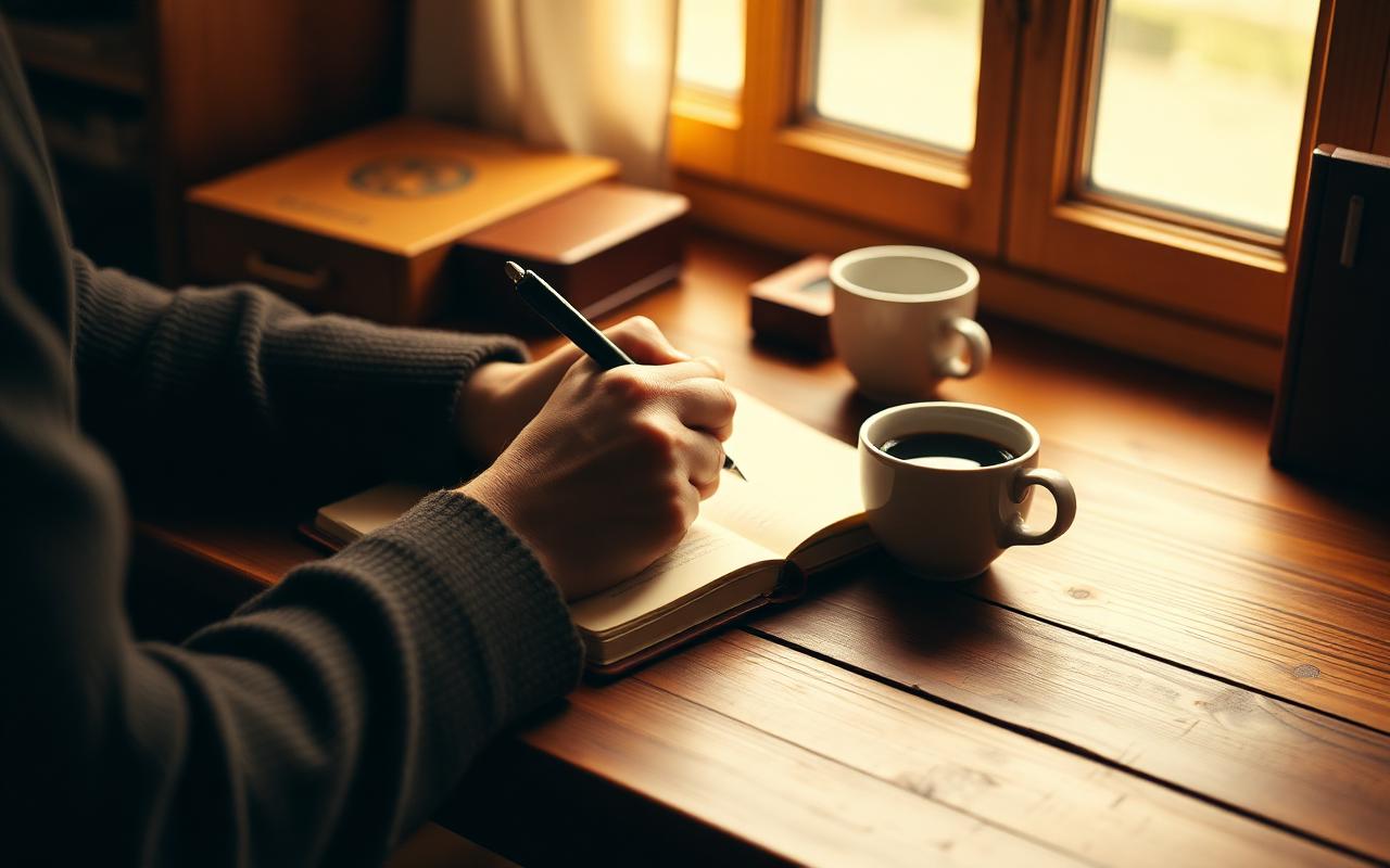 Person writing by a warm window